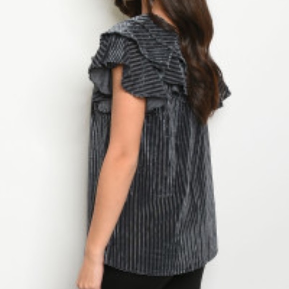 Entro Grey Velvet Striped One Shoulder Ruffle Top - Picture 2 of 9